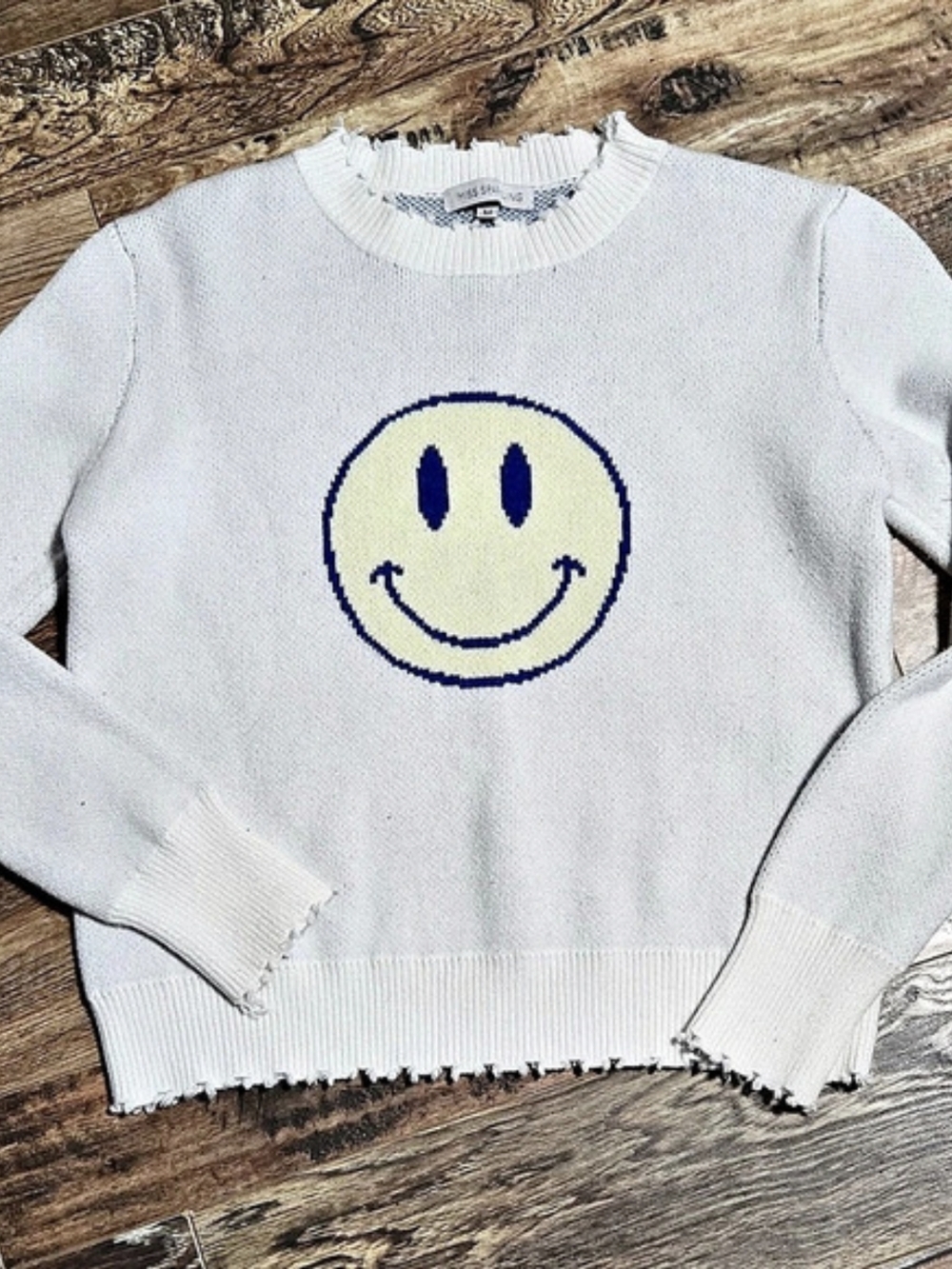 Miss Sparkling White Distressed Smiley Face Knit Sweater Medium